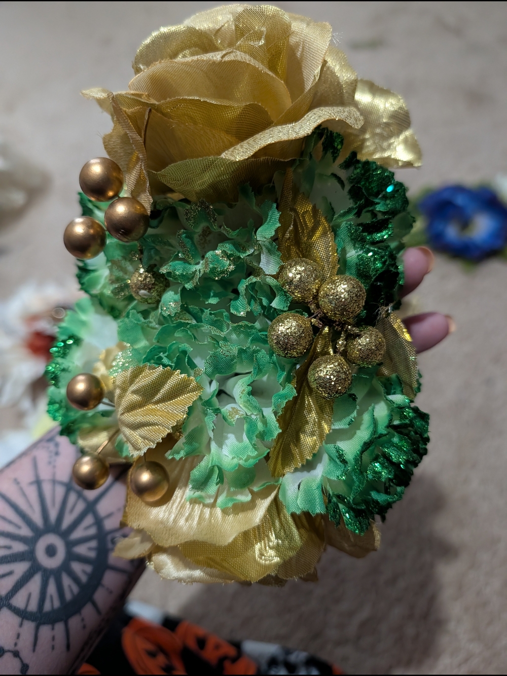 Gold and Green Floral Hair Clip with Glitter Berry Accents